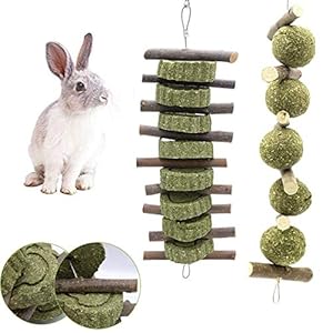Bunny Chew Toys, 2PCS Rabbit Hamster Chew Toys with Apple Wood Sticks Natural Grass Cake and Grass Ball, Teeth Grinding…