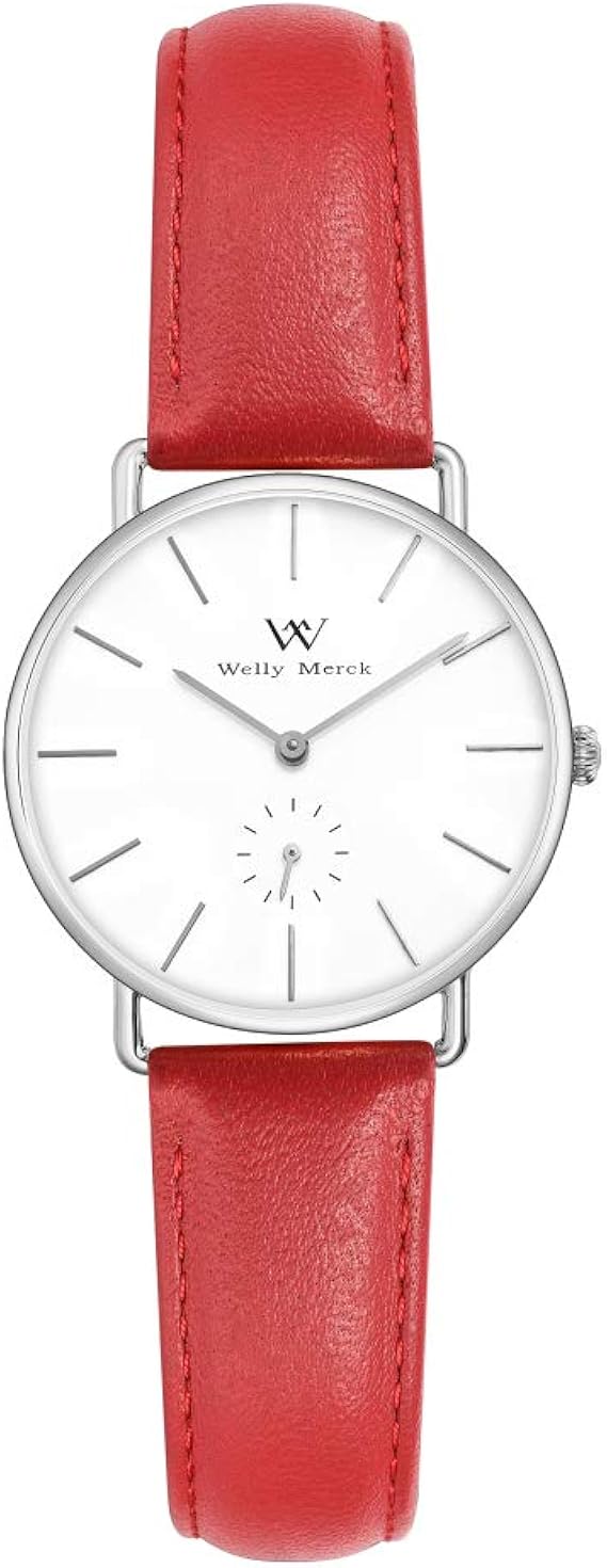 Amazon Co Jp Welly Merck レディース腕時計 スイス製クォーツムーブメント ラグジュアリーミニマリストシルバー針 腕時計赤 幅18mmレザー交換ベルト ホワイトダイヤル 5気圧防水 腕時計