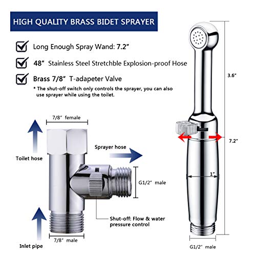 SonTiy Hand Held Bidet Sprayer for Toilet, Baby Cloth Diaper Sprayer Bathroom Bidet Brass Toilet Attachment, Chrome Jet Spray Nozzle Shattaf Muslim Shower with Shut-off T- Valve - Thumbnail 5
