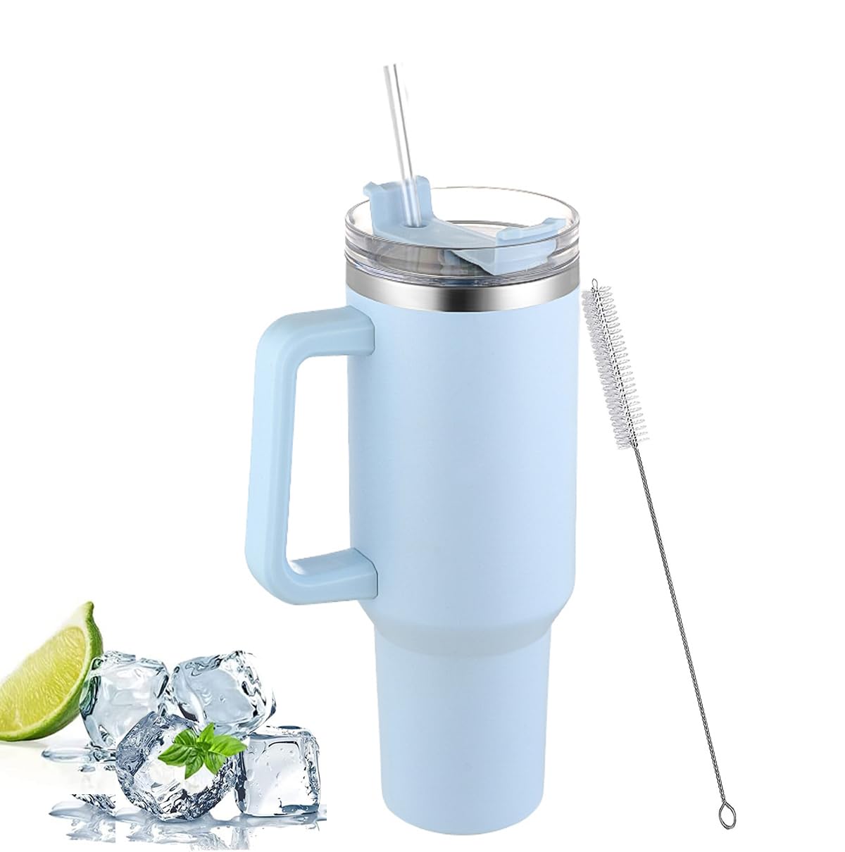 MaBanocota 40oz(1200ml) Insulated Cup with Straw and Handle Lid,Reusable Stainless Steel Car Coffee Mug Double Wall Portable Car Tumbler for Cold and Hot Drinks (Blue)