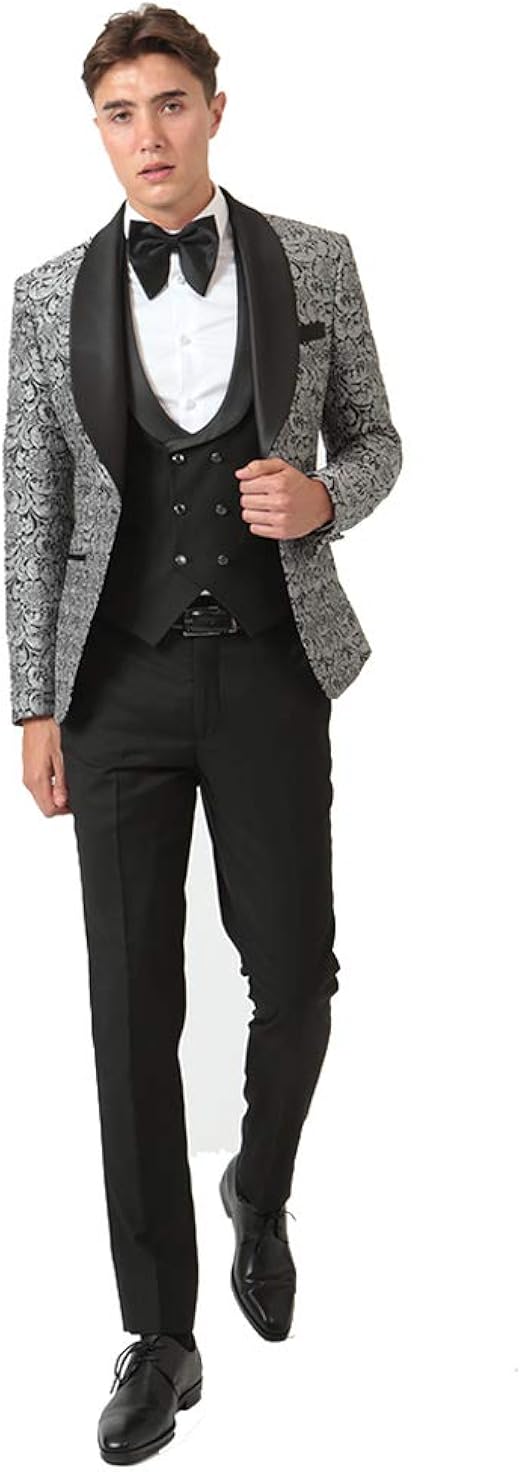 FRENCHEYE Men's Elegant Three Piece Dinner Suit with Chrome Floral