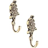FAPBADRI Multipurpose Hooks, Used to Hang Clothes, Bags, Coats, Curtain Hold Backs, Keys, Colour - Antique Gold, Material - Brass, Flower Design, Screws and Wallplugs Included, Pack of 2 Pieces