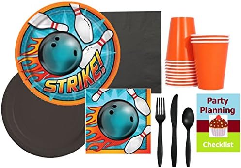 Bowling Party Supply Pack for 16 Guests - Plates, Napkins, Cups, Cutlery &amp; Party Planning Checklist