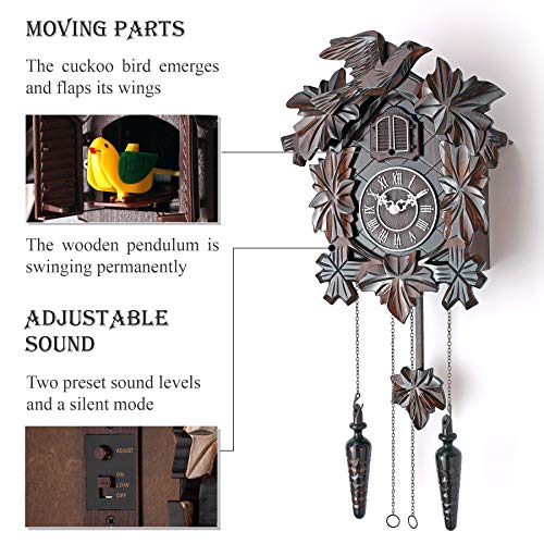 Polaris Clocks Cuckoo Clock with Night Mode, Hand Carved Birds, Weights and Swinging Pendulum (Brown, 20" Size) - Thumbnail 2