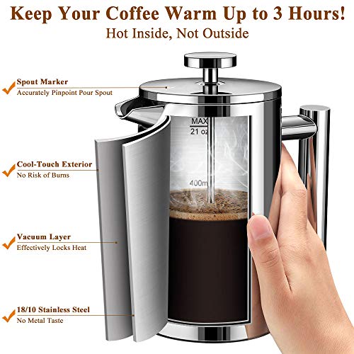 BAYKA French Press Coffee Maker, Stainless Steel 21oz DoubleWall Metal