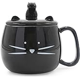 Koolkatkoo 16OZ Cute Cat Coffee Mug with Cell Phone Holder Lid for Cat Lover Unique Ceramic Black Mugs Tea Cup Gift for Women