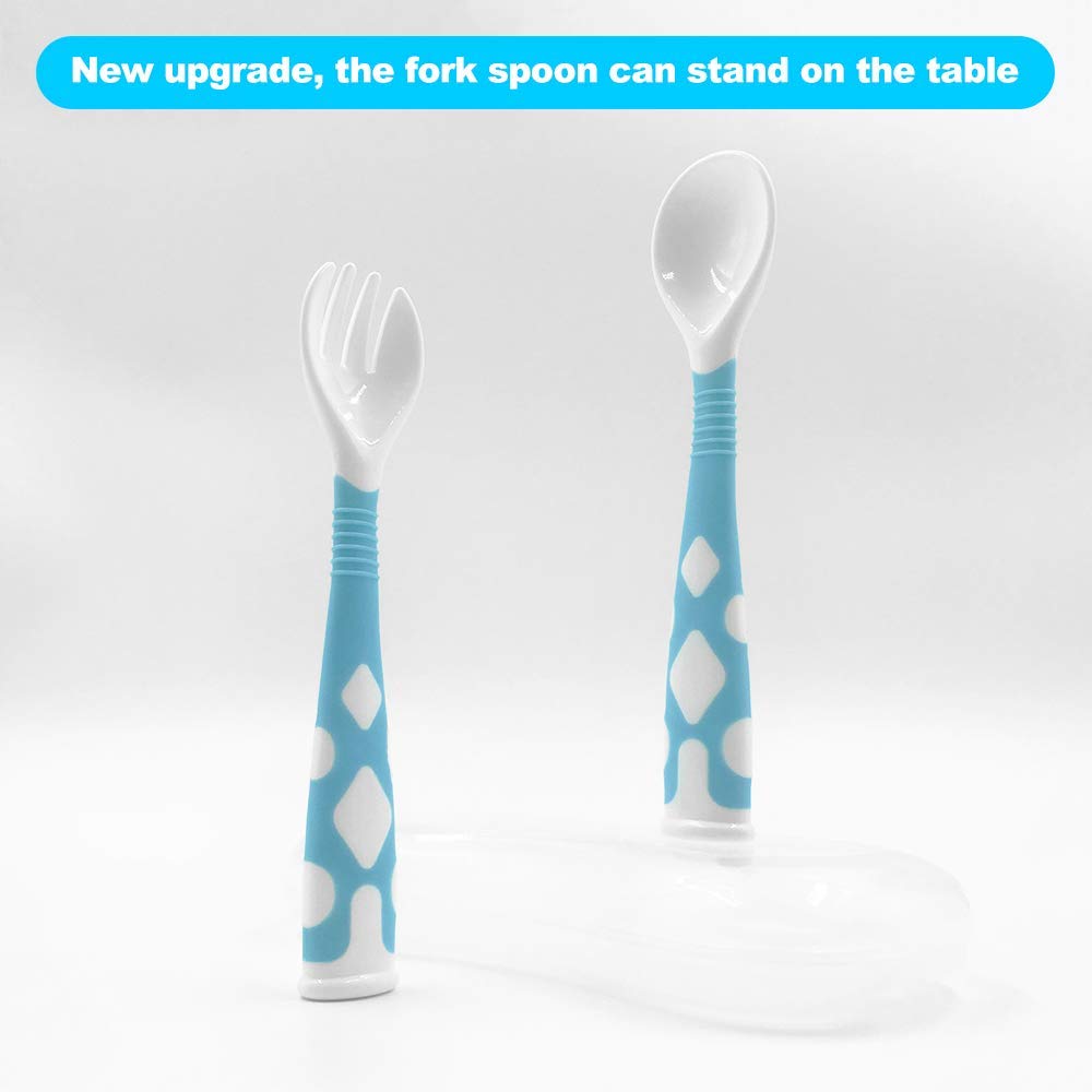 Babylöffel Von CalMyotis, Biegbare Baby löffel mit rutschfestem Griff, Baby-Utensilien Löffel mit Reisekoffe für Kleinkinder (Blau)