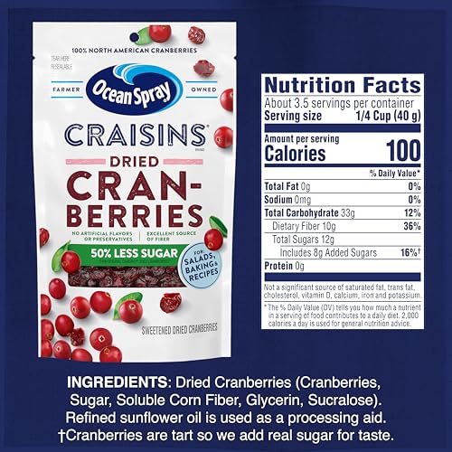 OCEAN SPRAY® CRAISINS®, 50% LESS SUGAR DRIED CRANBERRIES, DRIED FRUIT, 5 OZ POUCH (PACK OF 1)