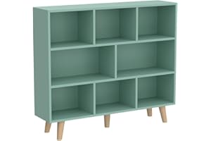 IOTXY Wooden Open Shelf Bookcase - 3-Tier Floor Standing Display Cabinet Rack with Legs, 8 Cubes Bookshelf, Tiffany-Green