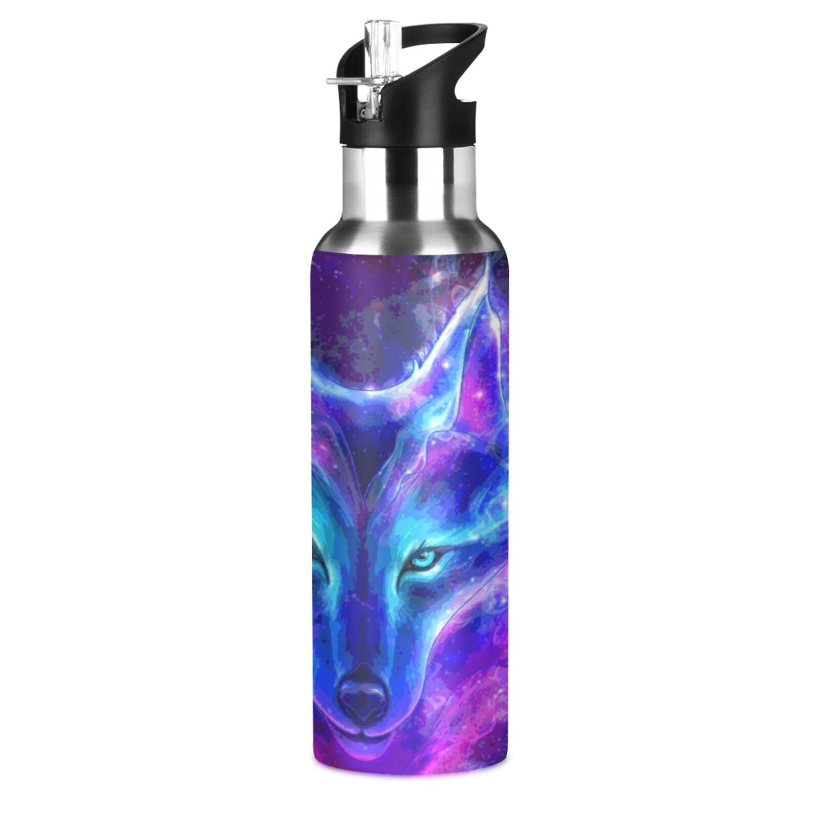 Wolf Print Galaxy Animal Water Bottle Drink Flask with Straw Lid Insulated Stainless Steel Thermos Bottle for Boys Girls Gym Sports Leakproof 600 ml