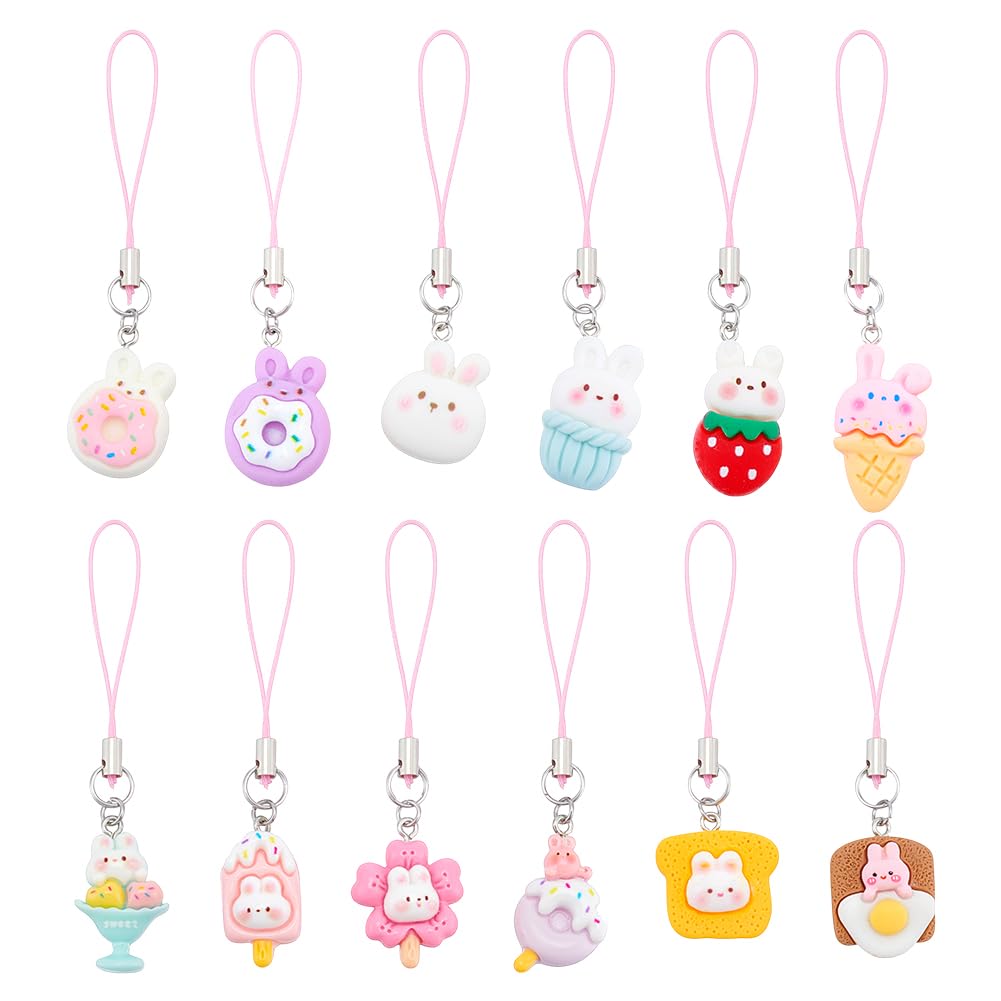 GOMAKERER 12 Pcs Rabbit Phone Charms With Cute Resin Bunny String - Cartoon Case Accessories for Decoration