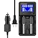 Universal Battery Charger with Car adapter ,2 Bay Quick LCD Automatic Battery Charger for Rechargeable Lithium liion NIMH NICD 18650 AA AAA 18500 26650 20650 RCR123 14500 10440 Batteries