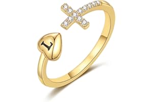 RLMOON Heart Initial Ring 14K Gold/Silver Plated CZ Cross Ring for Women Teen Girls Non Tarnish Gold Ring Adjustable Dainty Letter Ring Personalized Gold Jewelry Gift