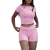 ZFLM Casual Workout Two Piece Outfits for Women Short Sleeve Crop High Waist Foldover Shorts Tracksuit Sets Streetwear