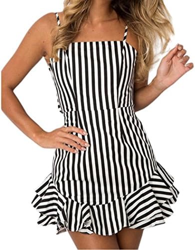 DongDong Hot Sale!Dress Printing Camisole Women Sexy Backless Ruffles Stripe Summer Mini Dress
