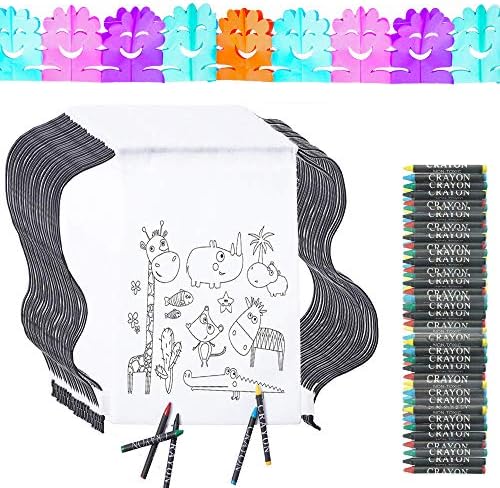Party Bag Fillers For Kids Partituki. 20 Drawstring Bags to Colour in, 20 Sets of 5 Crayons Waxes and a 3m Garland with Sunflowers. Ideal Party Bags For Kids Party Pinata