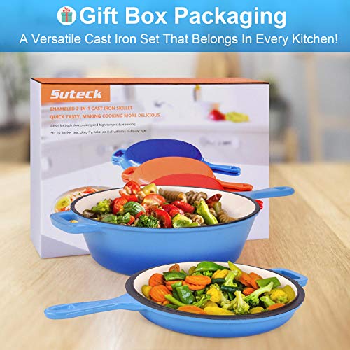 Enameled 2-In-1 Cast Iron Multi-Cooker - Heavy Duty 3.2 Quart Skillet and Lid Set, Versatile Healthy Design, Non-Stick Kitchen Cookware, Use As Dutch Oven Frying Pan (Blue)