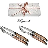 Laguiole - Steak Flatware Set for 2 People - Olivewood (Steak Knives + Forks) - Blade: 2.5 mm - With Famous Shepherd's Cross on Handles (Original Genuine Laguiole - Quality Family Olive Wood Table Cutlery Place Setting - In Beautiful Gift-box - Direct From France)