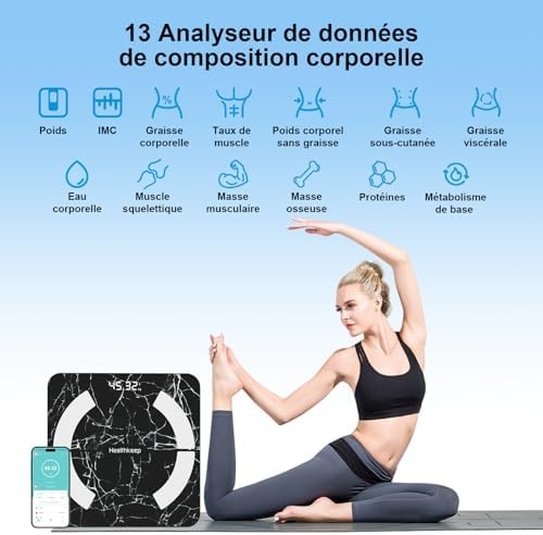 Balance Pèse Personne, Healthkeep Balance Impédancemètre Bluetooth Balance Connectée Haute Précision avec App 13 Indicateurs pour Andriod et iOS Max 180kg/400lb/28st, 28 * 28CM - Marbre Noir
