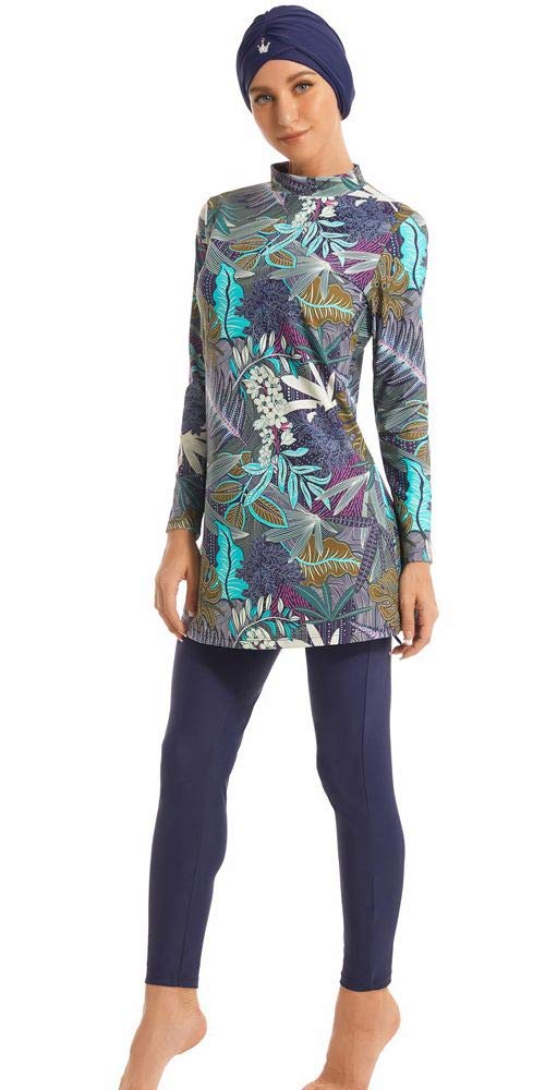 Photo 1 of Ababalaya Fully Covered Swimsuits 3 Pieces Full Covered Burkini Swimwear with Swimming Cap (US, Alpha, Large, Regular, Regular, 105Navy Blue)
