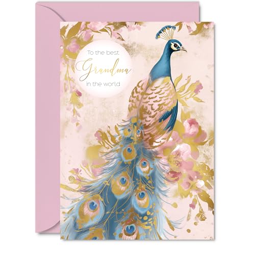 Giftzie Grandma Birthday Card - Gold Peacock - Beautiful Happy Birthday Card for Grandma from Granddaughter Grandson, 5x7 Inch Female Bird Bday Golden Mothers Day Greeting Cards