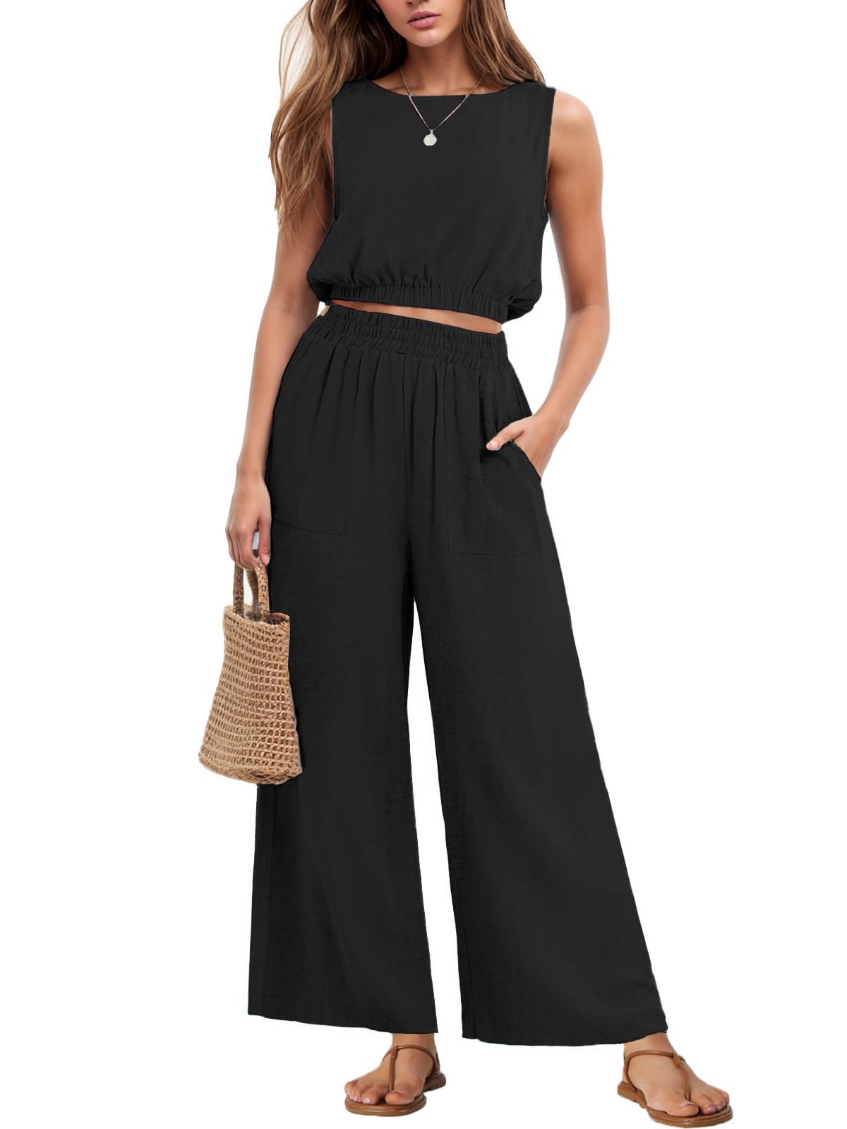 Photo 1 of ***TOP ONLY***GRECERELLE Two Piece Sets for Women Sleeveless Crop Top Wide Leg Pants Sweat Set for Women 2025 Summer Black-S