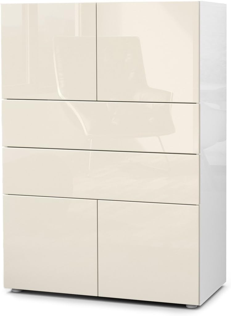Vladon Chest of Drawers Cabinet Massa V2, Carcass in White High Gloss/Front in Cream High Gloss