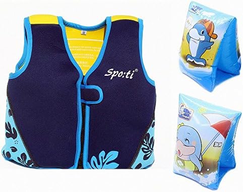 Rayma Baby UPF 50+ Life Jacket New Swimming Learner Protection Vest for Safety For Baby Package With Floating Sleeves (Print Blue, M 33-49.6lbs)