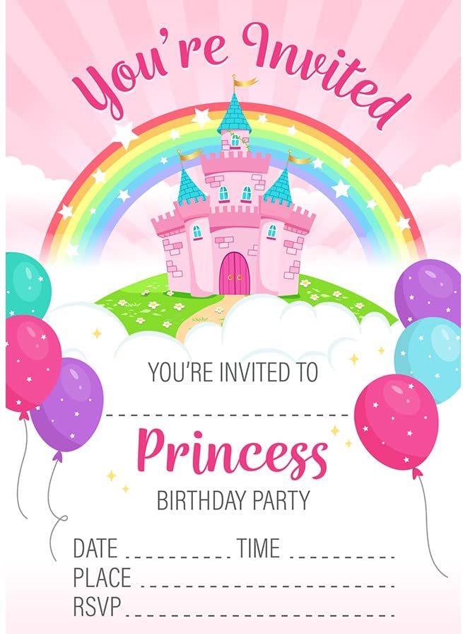 Kirsten McMillan 32 Pink Princess Birthday Party Invitations for Kids with Envelopes - Pack of 32 Pink Princess Party Invites for Girls - Designed and Printed in the UK