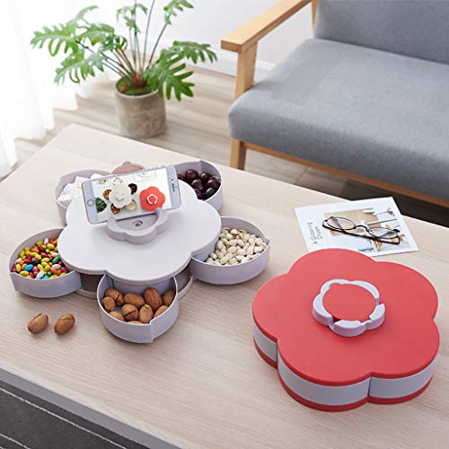 COM1950s Double-Layer Rotating Fruit Plate Petal Shape Dried Snack Storage Tray Home Living Room Candy Dish Dried Candy Food Storage Box Jewelry Organizer (Red, D) - Thumbnail 4