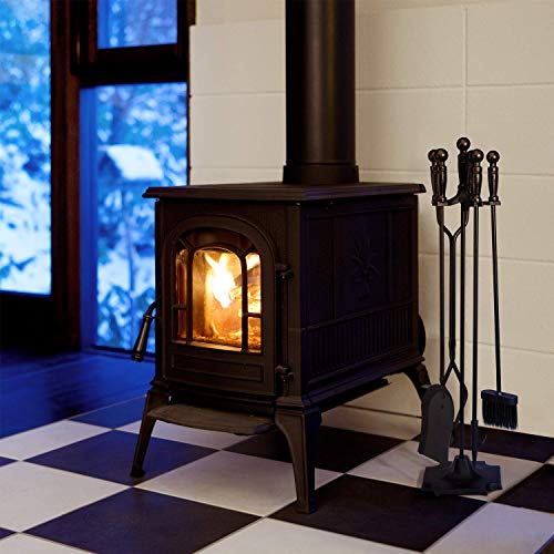 Syntrific 5 Pieces Fireplace Tool Set Black Cast Iron Fire Place Tool Set with Log Holder Fire Pit Stand Rustic Tongs Shovel Antique Broom Chimney Poker Wood Stove Hearth Accessories Set (Renewed)