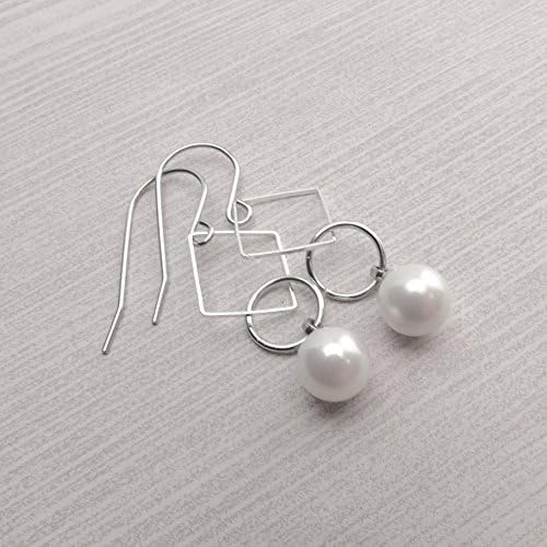 Offset Square and Circle Dangle Earrings, 8mm White Simulated Pearl, Silver-Tone