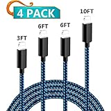 iPhone Charger, Mfi Certified Cable, 4 Pack(3/6/6/10 ft) Extra Long Nylon Braided Charging&Syncing Cord Compatible with iPhone Xs/XR/XS Max/X/7/7Plus/8/8Plus/6S/Plus/5C More Blue&Black