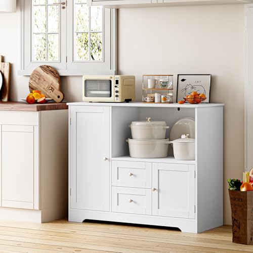 NEBULYN Alacenas para Cocina, Alacenas para Despensa con 2 Cajón, Gran Capacidad, Mueble Aparador para Sala de Estar, Comedor, Oficina, 100X40X82CM(Blanco)