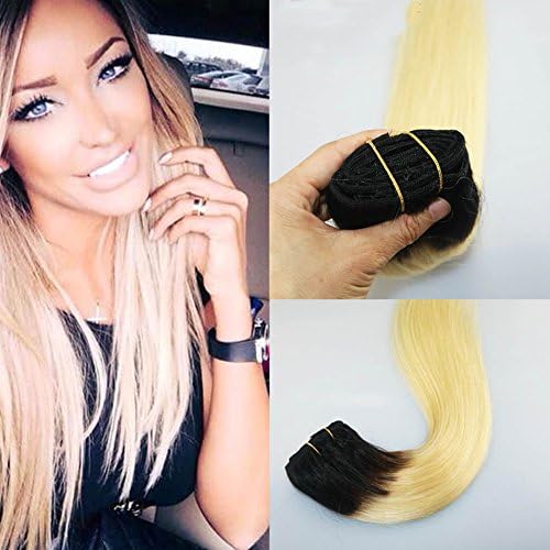 22inch 7Pcs 120gram Color #1B Fading to Color #613 Blonde Clip in Ombre Human Hair Extensions Thick Hair Extensions Clip in Human Hair Extensions