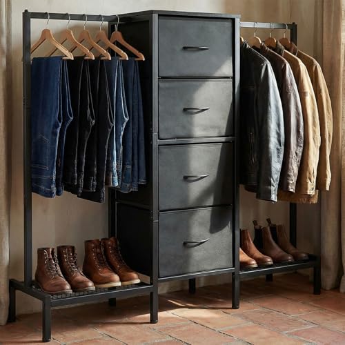 Closet Para Ropa armables, Perchero Para Ropa, con barra para colgar y 4 cajones, Closet ropero en forma de T, color marrón vintage (Negro)