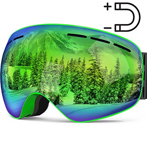 Homto Ski Snowboard Goggles OTG for Men Women Youth Over The Glasses Anti-fog No Fog Magnetic Detachable Lens Anti-Slip Strap, REVO HD Ultra-wide UV400 Protection (green) - Thumbnail 7