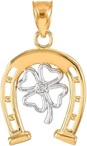 10k Two-Tone Gold Horseshoe Pendant With Diamond Clover – Lucky Charm Necklace - View #14