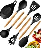 Premium Cooking Utensils Set For Nonstick Cookware - Silicone Kitchen Utensil Set - Heat Resistant Wooden Spoons For Cooking - Silicone Serving Spoons Spatula Set Spaghetti Spoon Rest For Stove Grey