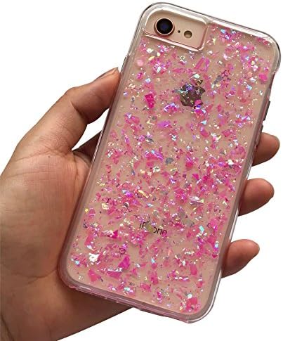 TrueColor iPhone 7 Case/iPhone 8 Case, HANDMADE Clear Confetti Blast Iridescent Glitter Bling Holographic Sparkle Shiny Hybrid Protective Hard Shell &amp; TPU Bumper Cover - Hot Pink
