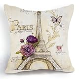 OJIA Retro Vintage Sketch Eiffel Tower Purple Flower Home 18 X 18 Inch Cotton Linen Decorative Throw Cushion Cover / Pillow Sham