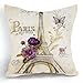 OJIA Retro Vintage Sketch Eiffel Tower Purple Flower Home 18 X 18 Inch Cotton Linen Decorative Throw Cushion Cover / Pillow Sham