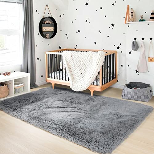 RUGVANE Grey Fluffy Area Rug 5x8 for Bedroom,Super Soft Rug for Living Room Decor,Fuzzy Rug for Baby Boy Girl Dorm Room,Shaggy Rug for Nursery Room,Plush Carpet for Playroom,Rectangle,Gray Furry Rug