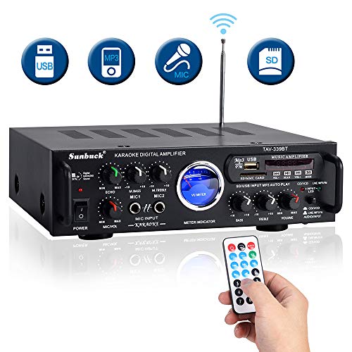 Sunbuck Wireless Karaoke Bluetooth Power Amplifier System – 600W 2 Channel Sound Stereo Audio Speaker Receiver w/USB, SD, FM Radio, 2 Mics in Control for Home Theater with Remote Control (TAV-339BT)