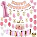 Baby Girl First Birthday Decorations - 1st Birthday Girl Decorations Pink and Gold Party Supplies - Happy First Birthday Banner, Number 1, Heart and Confetti Balloons, Premium ONE Cake Topper