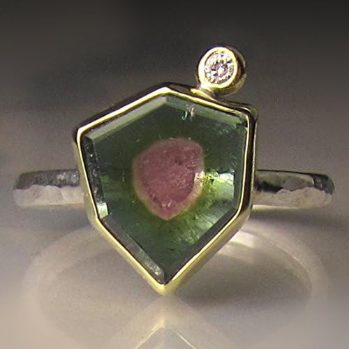 Geometric Watermelon Tourmaline Slice Ring in 18k Gold and Sterling Silver