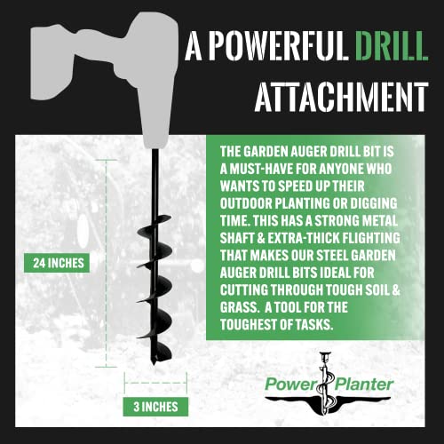 Power Planter Extended Length Garden Auger Drill Bit - 3"x24" For Planting, Digging & Mixing