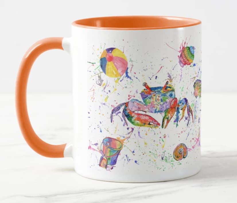 Vixar Crab Seafront Beach Watercolour Art Coloured Mug Cup Gift Birthday Work Office Christmas Tea Coffee (Orange)