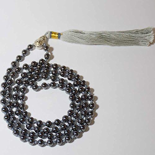 Hematite Gun-Metal Prayer Gray 108 Mala Beads Hand-Knotted String Healing Crystal Therapy Chakra Balancing Bohemian Blush Long Tassel Wrap Stretched Mala Minimalist Beaded Necklace Antique Guru Bead