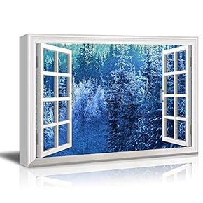 Modern White Window Looking Out Into a Blue Snowed Pine Tree Forest - Canvas Art Home Art - 24x36 inches